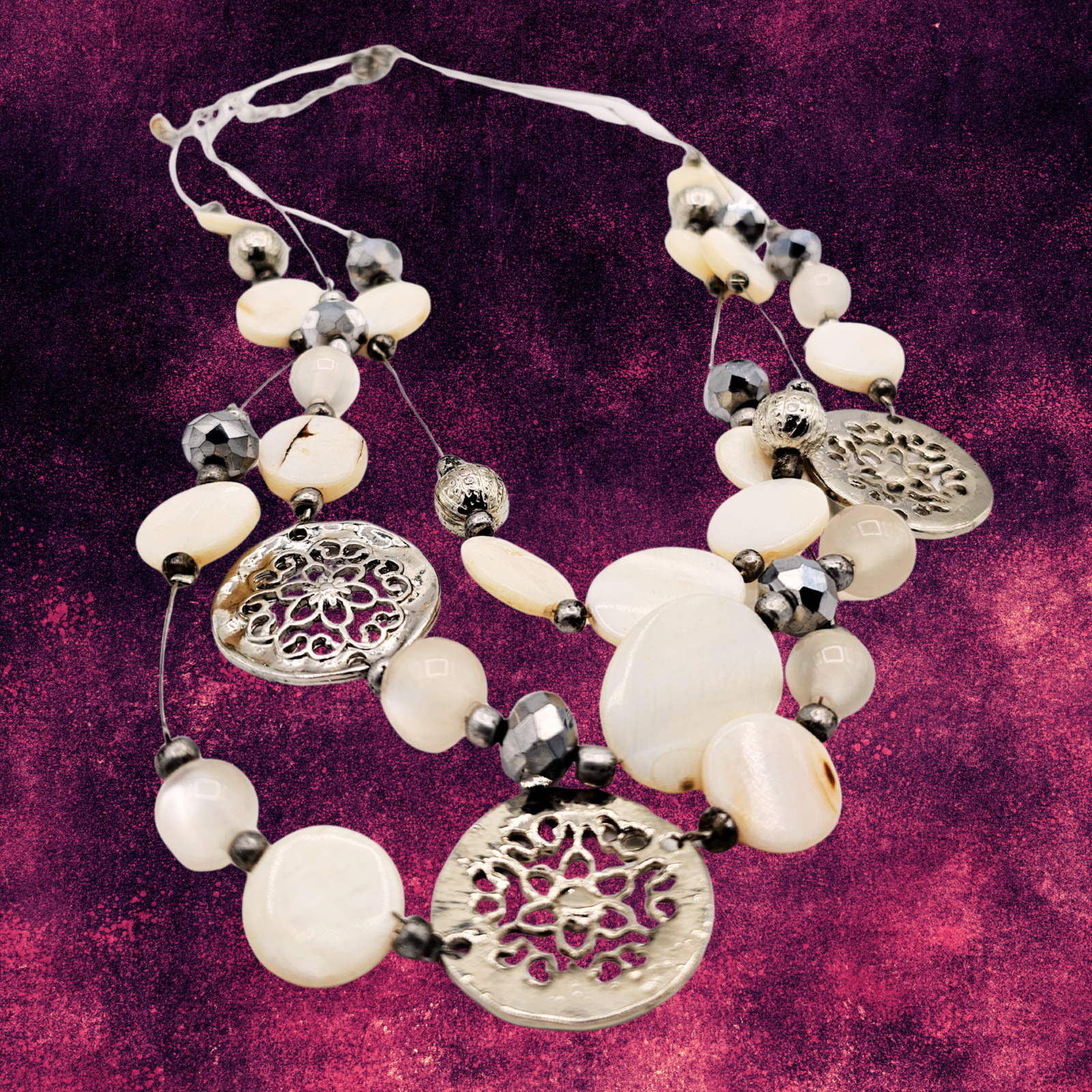 Multi Strand Shell Beaded Statement Necklace Silv… - image 1