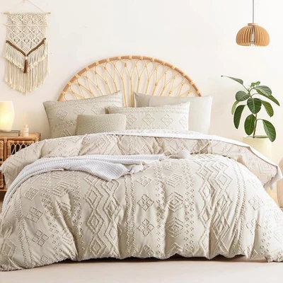 Bohème Housse de Couette 240x260 cm Beige Tuftée Broderie Parure de Lit 2 Per... - Photo 1/4
