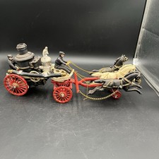 Vintage 22" Large Cast Iron 3-Horse Drawn Fire Engine Truck Pumper w/ 2 Fireman