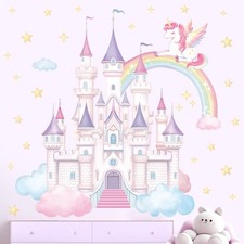 Castle Wall Decal Peel and Stick, Vinyl Unicorn and Rainbow Wall Sticker, Wal...