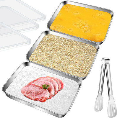 3 Set Stainless Steel Breading Trays Set with Lids, Dust Proof Breading Pans wit