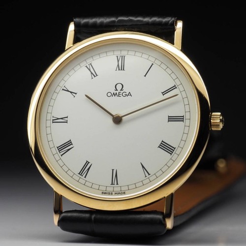 Omega De Ville Vintage Blanc or Rond Noir Ceinture Quartz Montre Hommes Original - Photo 1 sur 9