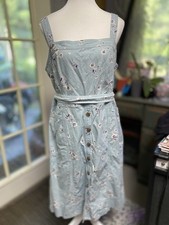 Gap Blue Floral Apron Dress Denim Tie Waist Size 14 (m)