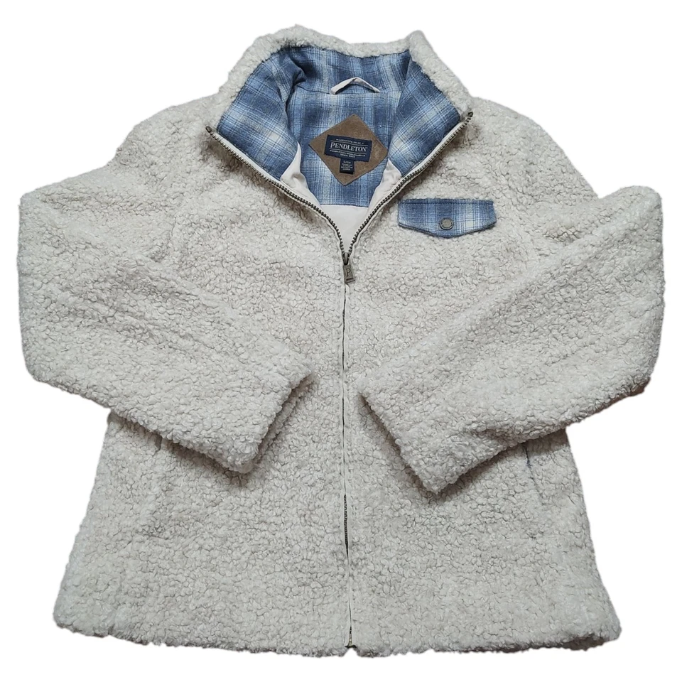 Pendleton Fuzzy Zip Up Fleece Jacket Beige Women S Front Pocket Plaid Accents