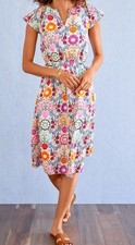 Talbots Dress Womens Sz 4 Floral Cotton Cap Sleeve Lined Elastic Waist BOHO Midi