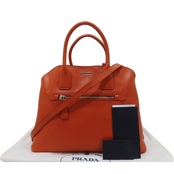 Prada Saffiano Leather Papaya Tote Bag with Gold Logo and Shoulder Strap