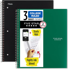 Spiral Notebook  Study App, 2 Pack, 3 Subject, College Ruled Paper, 8-1/2" x 11