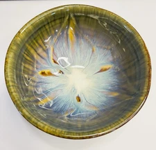 Bill Campbell Pottery Bowl Drip Glaze Lotus Trillium Flower Blue Brown Factory
