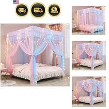 Rainbow Bed Canopy Curtains with Lights Princess Bed Drapes for Girls Full Size