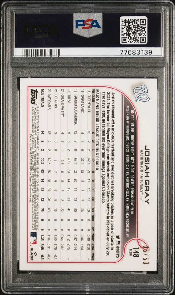Josiah Gray 2022 Topps Gilded Collection #148 Mini Diamond 05/50 Gold Etch PSA 9 - Image 2 of 2