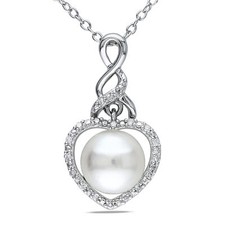 Amour Sterling Silver Cultured FW Pearl  Diamond Heart Pendant with Chain, 18"