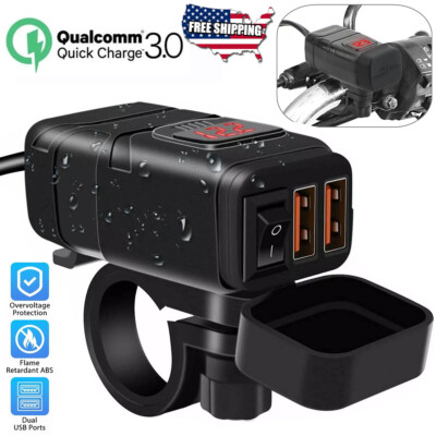 Motorcycle Handle Dual USB Phone Plug GPS Fast Charger Adapter LED Waterproof