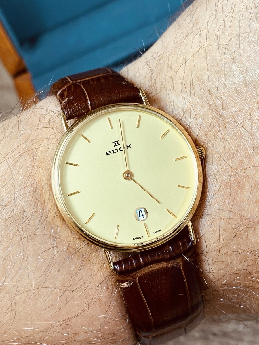 Classic, Elegant Gold 750 Edox Gold Dial Unisex Watch 71255 Slim