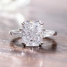 3.50Ct Radiant Cut Moissanite Three Stone Engagement Ring 14K White Gold Plated