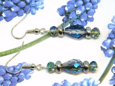 Teardrop Shape Clear Glass Bead Earrings with Partial Blue Coating Silver Tone