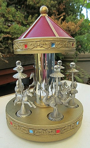 VINTAGE 1985 SPOONTIQUES 6 PC PEWTER CRYSTAL FIGURINES & 6 3/4" CAROUSEL MINT - Picture 2 of 8