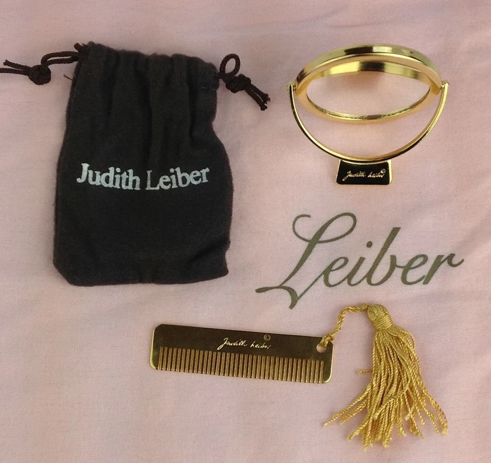 Italia JUDITH LEIBER Juego de peine espejo grande dorado en bolsa original, 2,5" de diámetro Foto 2 de 4