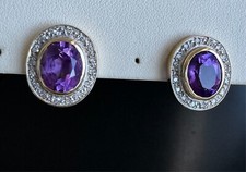 14K YELLOW GOLD AMETHYST AND DIAMOND STUD EARRINGS