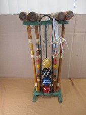 Vintage 4-Player Kids Wooden Croquet Set w/ Stand -COMPLETE-