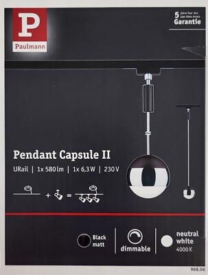 LED Pendel Paulmann 968.06 URail Capsule II, 400lm 6W 4000K 230V Schwarz, Neu