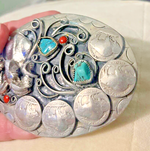 Vinatge Native Silver Nickle Ram & Buffalo Nickels, Turquoise & Coral Buckle - Picture 2 of 19