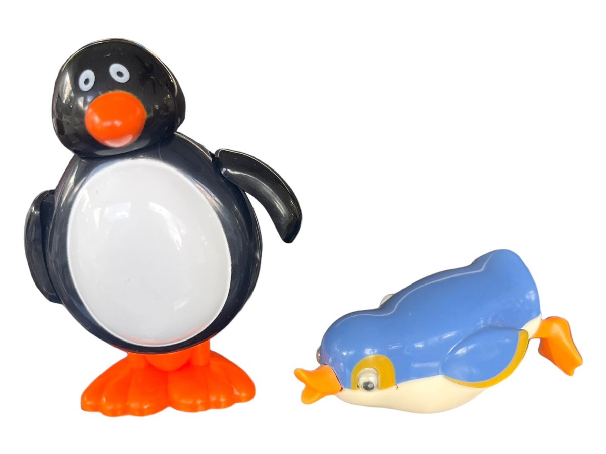 Vintage TOMY Wind Up Blue Penguin Swimming Bath Toy & Wind