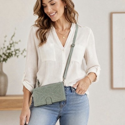 Sage Green Studded Crossbody Wallet Purse Adjustable Strap Multi Pocket Bag