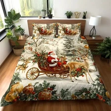 Christmas Santa Claus Elk Duvet Quilt Cover Bedding Set Queen Pillowcase