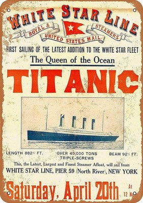 Kexle Vintage Tin Metal Signs Home Décor 8x12 White Star Line Titanic First Sail