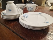 Vintage Queen Anne "Blue Mimosa" Bone China 12pc Tea Set - Mid-Century England
