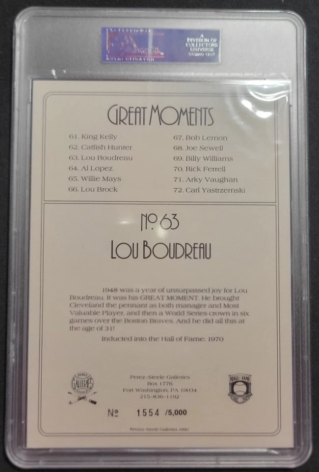 LOU BOUDREAU FIRMADO PEREZ STEELE GRANDES MOMENTOS POSTAL AUTOMÁTICA PSA/ADN GEMA 10 HOF! Foto 2 de 2