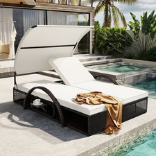 An image depicting Outdoor Adjustable Sun Lounger Double Sunbed w/Table Pool Deck Garden Yard Steel