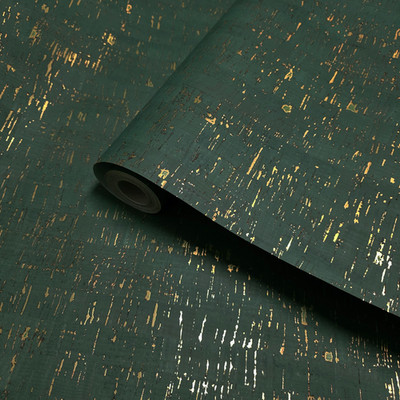 Real natural cork emerald green gold metallic foil striped texture eco Wallpaper