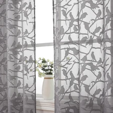 Anji Bird Grey Sheer Curtains 45 Inches Long 2 Panels Set for Small