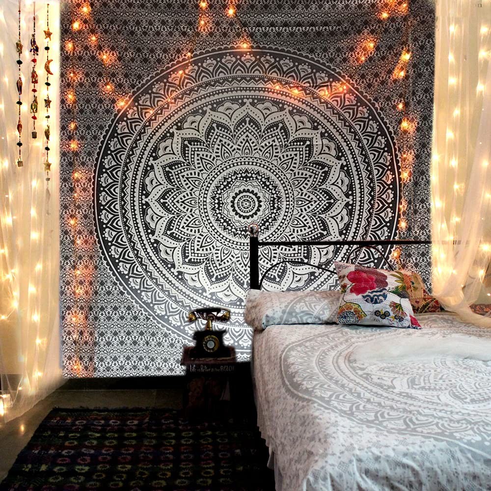 Grey Black Tapestry Wall Hanging 30x40 - Boho Bedroom Decor - Mandala Art