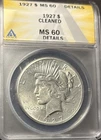 1927-P $1 Peace Silver Dollar ANACS MS60 Details-Light Cleaning, Lustrous UNC