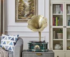 Unique Home Art Nostalgic Phonograph Audio Player Ink Green with Gold Details