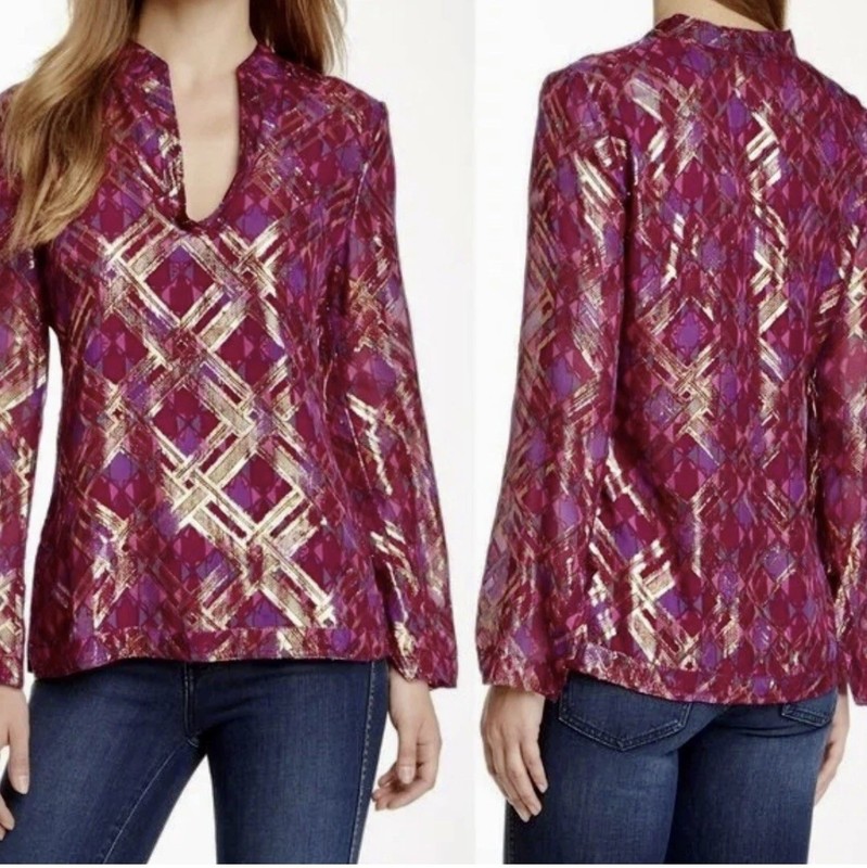 NWT Tory Burch Plaid Metallic Chiffon Blouse Split Neck LS Pink Gold Sz 8