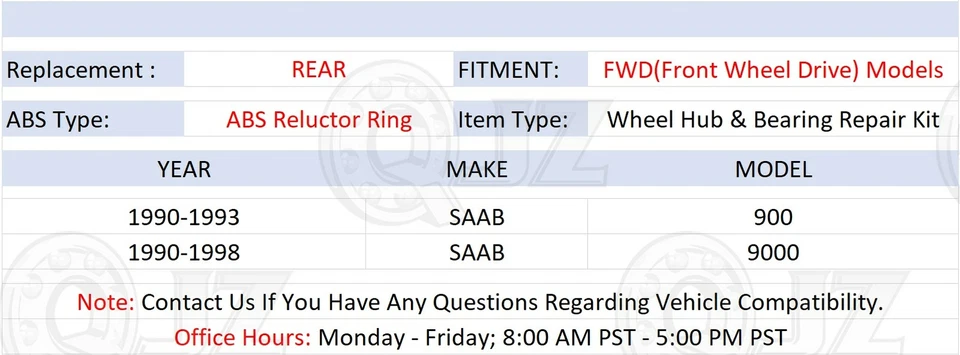 [TRASERO (cantidad 1)] Kit de repuesto de buje de rueda nuevo para modelo Saab 9000 FWD 1990-1998 Foto 2 de 4