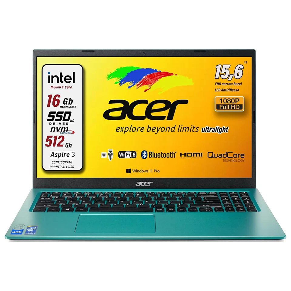 Acer Notebook Intel N6000 SSD 512 GB RAM 16 GB 15,6" FulllHD Blue Pronto all'Uso