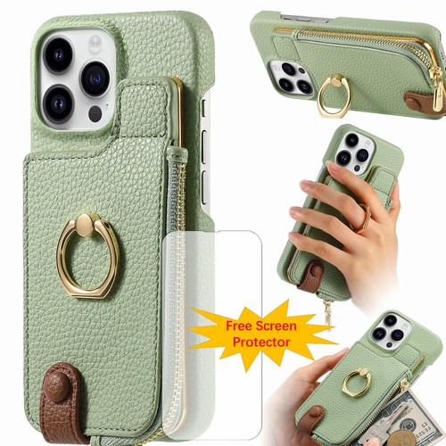 For iPhone 16 15 14 13 12 11 Plus Pro Max Flip Zipper Card Wallet Case With Ring - Picture 13 of 91