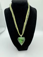 Murano Style Blown Glass Green Heart Art Glass Pendant 19-22Ribbon Cord Necklace