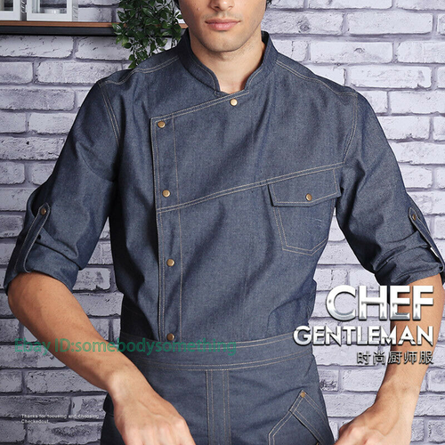 Men Denim Hotel Restaurant Kitchen 3/4 Sleeve Jean Coat Cook Wear Chef Jacket - Picture 8 of 12