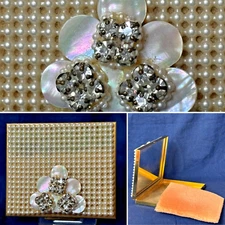 Vtg Compact MOP Faux Pearl & Rhinestone Embellished Mirrored Powder Box w/ Puff