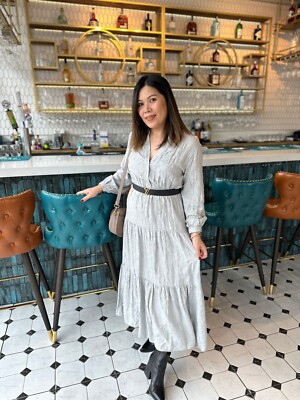 ZARA XS,S,M,L,XL WOMAN EMBROIDERED TIERED MIDI DRESS GRAY MARL