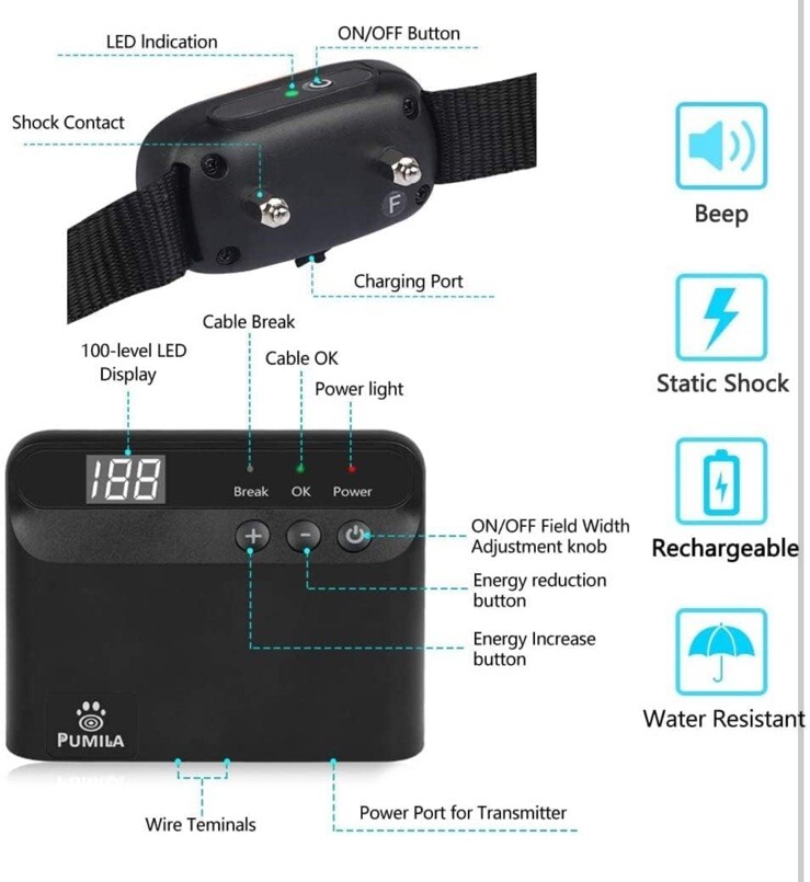 Electric Fence for Dogs 2 Dog Containment System w/Rechargeable Collars