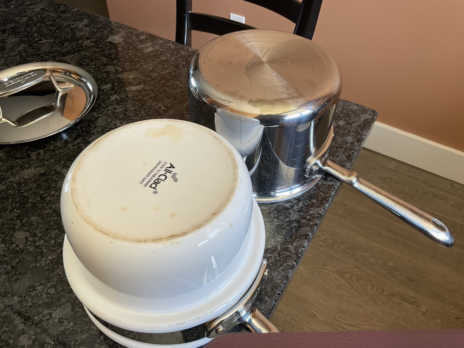 AllClad Copper Core 2qt Saucepan With Lid & Porcelain Double Boiler