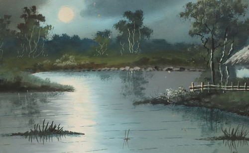Antique realist gouache painting lake house landscape - Imagen 5 de 12