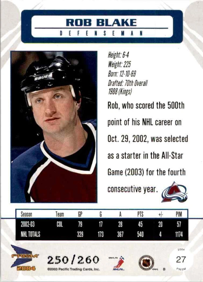 2003-04 Pacific Prism Red Rob Blake 250/260 #27 - Image 2 of 2