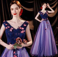 Trendy Blue V Neck Flowers Tulle Evening Dresses Homecoming Party Prom Gown